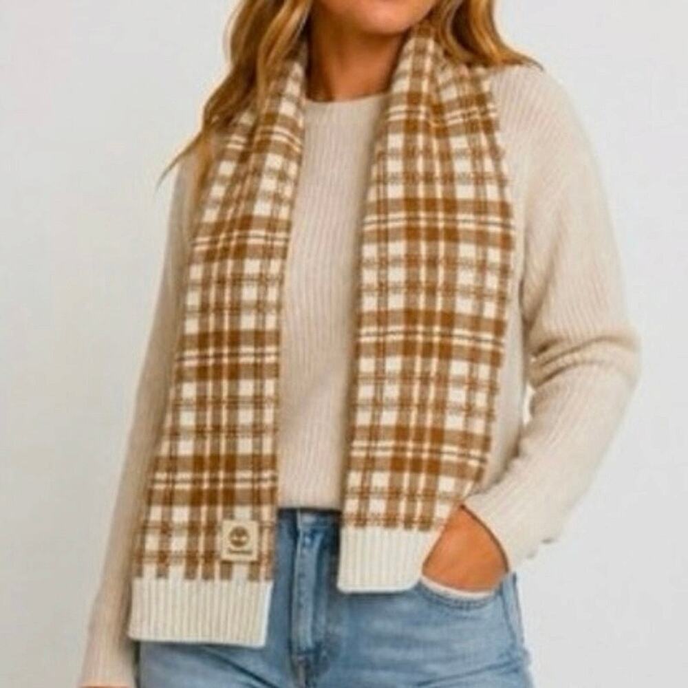 Timberland plaid knit scarf caramel and cream checkered pattern NWT